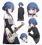  1girl absurdres arm_behind_back bangs black_bow black_bowtie black_pantyhose black_shirt blue_hair blue_skirt blush bocchi_the_rock! bow bowtie breasts closed_mouth collared_shirt commentary_request eyes_visible_through_hair flower grey_background grey_skirt guitar hair_between_eyes hair_ornament hair_over_one_eye hairclip hand_on_own_face hand_up hands_on_own_face hands_up highres holding holding_instrument instrument long_sleeves looking_at_viewer looking_to_the_side lunia medium_breasts mole mole_under_eye open_mouth pantyhose pink_flower pleated_skirt shirt short_hair short_sleeves simple_background sitting skirt smile solo standing table v white_shirt wing_collar yamada_ryou yellow_eyes 