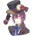  1boy black_jacket formal gloves hat hat_tip jacket kanon_(shiro_to_kuro_no_alice) long_hair long_sleeves looking_at_viewer male_focus open_mouth purple_eyes purple_hair shiro_to_kuro_no_alice sketch solo sooooniiiii top_hat white_background 