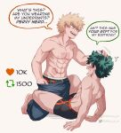  2boys abs arm_support athena_av bakugou_katsuki black_male_underwear blonde_hair blush boku_no_hero_academia commentary english_commentary english_text freckles green_hair grey_hair highres instagram_username looking_at_another male_focus male_underwear meme midoriya_izuku multiple_boys multiple_scars navel open_mouth red_eyes scar scar_on_arm scar_on_chest speech_bubble spiked_hair sweatdrop topless_male twitter_strip_game_(meme) twitter_username underwear undressing yaoi 