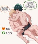  2boys abs ass athena_av bakugou_katsuki barefoot black_male_underwear blonde_hair blush boku_no_hero_academia boy_on_top commentary english_commentary english_text green_hair grin highres instagram_logo instagram_username looking_at_another male_focus male_underwear meme midoriya_izuku multiple_boys open_mouth scar scar_on_arm scar_on_chest smile speech_bubble spiked_hair twitter_logo twitter_strip_game_(meme) twitter_username underwear undressing yaoi 