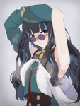  1girl armpits arms_behind_head arms_up bangs bare_shoulders beret black_hair blue_hair blush breasts buttons colored_inner_hair double-breasted drill_bulbul fate/grand_order fate_(series) green_headwear green_jacket grey_eyes hat huitzilopochtli_(fate) jacket jewelry long_hair looking_at_viewer multicolored_hair neck_ring o-ring off_shoulder round_eyewear sidelocks small_breasts solo sunglasses wavy_hair zipper 
