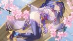  1girl :o black_thighhighs boat branch breasts bridal_gauntlets cherry_blossoms cleavage feet genshin_impact high_heels highres japanese_clothes kimono large_breasts long_sleeves looking_at_viewer lying obi off_shoulder on_side open_mouth petals platform_footwear purple_eyes purple_hair purple_kimono raiden_shogun red_sash sash shrug_(clothing) solo thighhighs thighs toes vision_(genshin_impact) water watercraft wide_sleeves zzo_(chorizzzzo) 