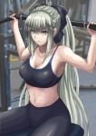  1girl bangs bare_shoulders black_bow black_pants black_sports_bra blue_eyes bow braid breasts cleavage collarbone exercise fate/grand_order fate_(series) french_braid grey_hair hair_bow highres ksfactory large_breasts long_hair looking_at_viewer morgan_le_fay_(fate) pants ponytail sidelocks solo sports_bra thighs very_long_hair weightlifting yoga_pants 