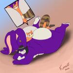 anthro between_cheeks big_butt black_hair butt duo female fur green_eyes hair hi_res huge_butt kazecat lagomorph leporid lying male mammal nude on_front orange_body orange_fur overweight overweight_female procyonid purple_body purple_fur rabbit raccoon size_difference smile thick_thighs violet_bunny wide_hips 