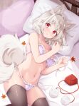  1girl animal_ears bed bed_sheet black_thighhighs blush bra collarbone hat hat_removed headwear_removed inubashiri_momiji leaf lying maple_leaf navel on_side open_mouth panties pillow pom_pom_(clothes) purple_bra purple_panties red_eyes red_headwear rururiaru short_hair solo tail thighhighs tokin_hat touhou underwear white_hair wolf_ears wolf_tail 