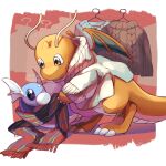  border brown_eyes claws closed_mouth clothed_pokemon clothes_hanger commentary_request dragonite dratini eko_(wk_egg) highres no_humans pokemon pokemon_(creature) scarf smile sweater twitter_username watermark white_border 