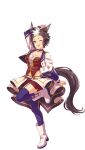  1girl ;d animal_ears blue_eyes breasts brown_hair choker cleavage full_body highres horse_ears horse_girl horse_tail jacket leg_up long_sleeves looking_at_viewer mejiro_ryan_(umamusume) midriff multicolored_hair official_art one_eye_closed purple_thighhighs red_shorts short_hair shorts simple_background smile solo starting_future_(umamusume) tail thigh_strap thighhighs transparent_background two-tone_hair umamusume white_hair white_jacket 