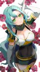  1girl absurdres aqua_hair armor black_dress blush breasts chloe_(fire_emblem) cleavage commentary covered_navel cowboy_shot dress elbow_gloves fire_emblem fire_emblem_engage flower gloves green_eyes highres large_breasts long_hair looking_at_viewer microdress mu_tu_bu pink_flower pink_lips shoulder_armor smile solo standing thighs very_long_hair white_background white_gloves 