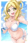  1girl bikini blonde_hair border breasts cleavage commentary cowboy_shot day hair_intakes highres jewelry kirisaki_reina large_breasts looking_at_viewer love_live! love_live!_sunshine!! medium_hair navel necklace ocean ohara_mari outdoors outside_border round_teeth side-tie_bikini_bottom single_bang single_hair_ring solo swimsuit tareme teeth upper_teeth_only white_background white_bikini white_border yellow_eyes 