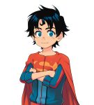  1boy animification black_hair blue_eyes cape crossed_arms dc_comics jonathan_kent looking_at_viewer male_child male_focus okayu0317 red_cape short_hair simple_background smile solo superboy superhero superman_(series) upper_body white_background 