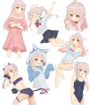  1girl :d :o @_@ absurdres aged_up ahoge animal_costume animal_ears animal_hands arms_up black_skirt bottomless brown_eyes cat_ears cat_tail closed_eyes commentary crossed_arms fang gloves grey_hair highres holding holding_hair long_hair multicolored_hair multiple_views one-piece_swimsuit onii-chan_wa_oshimai! open_mouth oyama_mahiro paw_gloves pink_hair ponytail school_uniform serafuku simple_background skirt smile smug sty swimsuit tail twintails two-tone_hair white_background wolf_costume 