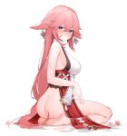  1girl absurdres amiamie animal_ears ass bare_arms bare_shoulders barefoot blush bottomless breasts closed_mouth earrings feet floppy_ears floral_print flower flower_knot fox_ears full_body genshin_impact hand_on_own_thigh highres japanese_clothes jewelry large_breasts long_hair looking_at_viewer looking_to_the_side miko no_detached_sleeves no_panties pink_flower pink_hair purple_eyes red_sash ribbon_trim sash seiza shirt sideboob simple_background sitting sleeveless sleeveless_shirt smile soles solo tassel thighs toes turtleneck white_background yae_miko 