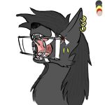  anthro black_nose bodily_fluids canid canine canis ear_piercing flat_colors fur gag grey_body grey_fur jackal male mammal open_mouth piercing pupils red_eyes ring_gag ring_piercing scar scaro simple_background slit_pupils solo tears torea_(character) white_background 