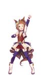  1girl ;d animal_ears arm_up biko_pegasus_(umamusume) blue_eyes boots brown_hair clenched_hand full_body highres horse_ears horse_girl horse_tail jacket looking_at_viewer official_art one_eye_closed purple_thighhighs red_shorts short_hair shorts simple_background smile solo starting_future_(umamusume) tail thigh_strap thighhighs transparent_background umamusume white_footwear white_jacket 