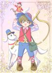  1boy absurdres adjusting_clothes adjusting_headwear bag blue_eyes blue_headwear blue_pants blush brown_footwear capi_(ie_naki_ko_remi) child dog eyelashes flower green_bag harp hat hat_feather highres ie_naki_ko_remi instrument instrument_on_back joli-oeur_(ie_naki_ko_remi) koushisong male_child male_focus monkey open_mouth pants remi_barberin satchel shirt shoes solo vest white_dog white_flower white_shirt world_masterpiece_theater 