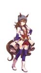  1girl animal_ears beanie brown_hair ears_through_headwear full_body grey_headwear hair_between_eyes hat highres horse_ears horse_girl horse_tail jacket long_hair long_sleeves looking_at_viewer midriff nakayama_festa_(umamusume) navel official_art purple_eyes purple_thighhighs red_shorts shorts simple_background solo starting_future_(umamusume) tail thigh_strap thighhighs transparent_background umamusume white_jacket 