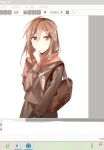  1girl arrow_(symbol) bag brown_bag brown_eyes brown_hair brown_sailor_collar brown_serafuku brown_skirt chinese_text clenched_hand closed_mouth cowboy_shot enpera hair_between_eyes hair_ornament hairclip hand_up icon_(computing) kagerou_project long_sleeves looking_at_viewer mekakucity_actors neckerchief no_nose pleated_skirt red_scarf sailor_collar scarf school_bag school_uniform screenshot serafuku simple_background simplified_chinese_text sketch skirt sleeve_cuffs solo tateyama_ayano tohikou_(user_yolenka) translation_request unfinished upper_body user_interface white_background white_neckerchief 