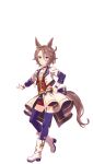  1girl animal_ears blue_eyes boots brown_hair ear_ornament hair_between_eyes highres horse_ears horse_girl horse_tail jacket looking_at_viewer midriff narita_taishin_(umamusume) official_art purple_thighhighs red_shorts short_hair shorts simple_background solo starting_future_(umamusume) tail thighhighs transparent_background umamusume white_footwear white_jacket 