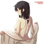  1girl back bangs blush breasts closed_mouth commentary_request dated embarrassed from_behind japanese_clothes kantai_collection kimono large_breasts long_hair looking_at_viewer looking_back low-tied_long_hair m.a.o nude one-hour_drawing_challenge profile red_eyes shoulder_blades solo twitter_username undressing wavy_mouth white_background white_kimono wide_sleeves yamashiro_(kancolle) 