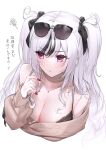 1girl azur_lane bare_shoulders black_hair blush bra_strap character_request collar commentary_request copyright_request elbe_(azur_lane) elbe_(pure-hearted_bad_girl)_(azur_lane) eyewear_on_head grey_sweater hand_up highres long_hair long_sleeves multicolored_hair nail_polish off-shoulder_sweater off_shoulder oyuwari purple_eyes red_nails simple_background solo streaked_hair sunglasses sweater two_side_up upper_body very_long_hair white_background white_hair 
