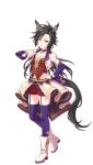  1girl air_shakur_(umamusume) animal_ears black_hair brown_eyes eyebrow_piercing highres horse_ears horse_girl horse_tail jacket long_hair looking_at_viewer midriff official_art piercing purple_thighhighs red_shorts sharp_teeth shorts simple_background solo starting_future_(umamusume) tail teeth thigh_strap thighhighs transparent_background umamusume white_jacket 