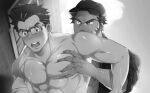  2boys abs arm_hair bad_id bad_twitter_id bara bare_pectorals beard blush cerise_(pokemon) collared_shirt facial_hair glasses grabbing greyscale groping highres kurazon_(climb_zombie) large_pectorals male_focus mature_male meyer_(pokemon) monochrome multiple_boys muscular muscular_male nipples open_clothes open_shirt pectoral_grab pectorals pokemon shirt short_hair sideburns stomach sweat sweatdrop thick_eyebrows undressing_another upper_body veins veiny_arms yaoi 
