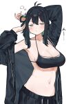  1girl absurdres arm_behind_head armpits bangs black_hair blush breasts cleavage green_eyes green_hair green_happy000 highres long_hair multicolored_hair navel original paid_reward_available pajamas simple_background solo sports_bra two-tone_hair white_background 
