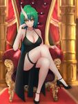  1girl absurd_fox absurdres arknights bare_shoulders black_dress breasts cleavage closed_mouth column dress grey_hair highres horns hoshiguma_(arknights) jewelry large_breasts legband looking_at_viewer medium_hair pillar ponytail single_horn sitting solo throne 