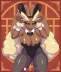  2023 5_fingers anthro areola areola_slip big_breasts black_sclera bow_tie breasts bunny_costume clothed clothing costume cuff_(restraint) digital_media_(artwork) fake_ears fake_rabbit_ears female fingers generation_4_pokemon hi_res looking_at_viewer lopunny lyorenth-the-dragon nintendo pokemon pokemon_(species) restraints smile solo text thick_thighs url wrist_cuffs 