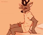  2023 anthro antlers bed biped black_nose blush bottomless bottomless_anthro bottomless_male brown_body brown_eyes brown_fur clothed clothing deer digital_media_(artwork) ear_twitch erection fur furniture genitals half-closed_eyes horn humanoid_genitalia humanoid_penis lawyerdog looking_at_viewer male mammal narrowed_eyes on_bed orange_background panko_(lawyerdog) penis simple_background sitting smile solo white_body white_fur 