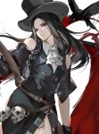  1other androgynous ascot bare_shoulders bird black_hair black_headwear blood crow guilty_gear guilty_gear_strive hat hou_(ppo) long_hair looking_at_viewer other_focus red_eyes scythe testament_(guilty_gear) top_hat white_ascot 