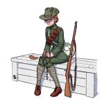  1girl absurdres bag bandolier belt boots brown_footwear green_eyes green_jacket green_pants gun highres ireland jacket lee-enfield messenger_bag military military_uniform original ostwindprojekt pants praying puttee red_hair rifle rosary shoulder_bag simple_background sitting slouch_hat uniform weapon 