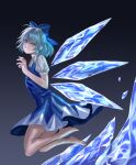  1girl absurdres bangs barefoot black_background blue_bow blue_dress blue_eyes blue_hair bow bowtie cirno closed_mouth collared_shirt commentary_request dress flying gradient_background grey_shirt hair_between_eyes hand_up highres ice ice_wings legs_up looking_at_viewer pinafore_dress puffy_short_sleeves puffy_sleeves purple_background red_bow red_bowtie reki_(user_rcrd4534) shirt short_hair short_sleeves smile solo teeth touhou v-shaped_eyebrows wings 