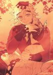  1boy 1girl autumn autumn_leaves book butterfly_hair_ornament closed_eyes dappled_sunlight day demon_slayer_uniform douma_(kimetsu_no_yaiba) flipped_hair forked_eyebrows hair_between_eyes hair_ornament hamiko_(hakogardenmiko) hand_on_another&#039;s_head hand_up haori hetero highres japanese_clothes kimetsu_no_yaiba knees_up kochou_shinobu leaf light_brown_hair long_sleeves looking_at_another maple_leaf medium_hair monochrome nature open_book outline pants print_hair profile shirt sidelocks sitting sleeping sleeping_upright smile sunlight text_in_eyes tight tight_shirt turtleneck twitter_username updo 