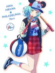  1girl bang_dream! basketball basketball_jersey black_jacket bow character_name churro collared_shirt copyright_name food green_eyes hat hat_bow head_tilt highres hikawa_hina holding holding_food jacket letterman_jacket licking_lips logo looking_at_viewer medium_hair minnie_mouse_ears national_basketball_association philadelphia_76ers plaid plaid_skirt polka_dot polka_dot_bow red_bow red_skirt shirt shoes skirt smile sneakers socks solo star_(symbol) tongue tongue_out v-shaped_eyebrows vans white_background white_shirt white_socks yazawa_happyaro 