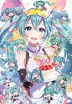  1girl absurdres aqua_hair bangs bare_shoulders blue_eyes blush breasts cake chibi confetti covered_navel cream elbow_gloves food fruit gloves goggles goggles_on_head goodsmile_racing gradient_hair grey_hair hair_ornament hatsune_miku highres leotard leotard_under_clothes long_hair looking_at_viewer medium_breasts miniskirt morikura_en multicolored_hair multiple_views necktie pleated_skirt racing_miku scan simple_background skirt sleeveless strawberry twintails two-tone_hair upper_body vocaloid 