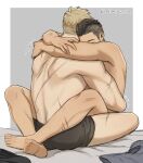  2boys back bara black_hair black_male_underwear blonde_hair boxer_briefs call_of_duty call_of_duty:_modern_warfare_2 couple dreaming_oor ghost_(modern_warfare_2) highres hug male_focus male_underwear multiple_boys muscular muscular_male scar scar_on_arm scar_on_back scar_on_leg short_hair sidecut sitting sitting_on_person soap_(modern_warfare_2) topless_male twitter_username underwear yaoi 