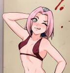  1girl ;q aldharoku arm_up bangs bare_arms bare_shoulders blood blush breasts collarbone covered_nipples forehead_protector green_eyes hand_in_own_hair haruno_sakura highres konohagakure_symbol medium_hair naruto_(series) navel one_eye_closed parted_bangs pink_hair small_breasts smile solo tongue tongue_out upper_body 