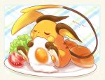  blush character_name closed_eyes closed_mouth commentary_request eating fried_egg highres holding lettuce mouth_hold no_humans plate pokemon pokemon_(creature) raichu shii_(no-va_could) sitting smile solo tomato tomato_slice 