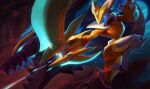  1girl bad_source blue_hair bodysuit bow_(weapon) from_side gloves glowing glowing_eyes hand_up holding holding_bow_(weapon) holding_weapon kindred_(league_of_legends) lamb_(league_of_legends) league_of_legends long_hair long_sleeves mask open_mouth orange_bodysuit red_background sharp_teeth super_galaxy_kindred teeth weapon wolf_(league_of_legends) yellow_bodysuit 