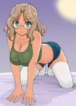  1girl all_fours ass blonde_hair blue_eyes blue_shorts blush breasts cleavage closed_mouth collarbone girls_und_panzer glasses green_shirt indoors kay_(girls_und_panzer) large_breasts long_hair looking_at_viewer shirt short_shorts shorts smile solo thighhighs uona_telepin white_thighhighs 