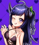  1girl :p breasts cleavage dukyduky96 eggplant horns lingerie natsumi_hachi nijigen_project one_eye_closed purple_eyes purple_hair tongue tongue_out underwear virtual_youtuber 