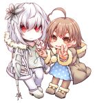  2girls accelerator_(toaru_majutsu_no_index) ahoge albino ambiguous_gender blackcat_ael blue_dress brown_eyes brown_footwear brown_hair brown_jacket cane chibi choker crutch dress expressionless flower fur-trimmed_jacket fur_trim genderswap genderswap_(mtf) grey_shirt hair_flower hair_ornament holding holding_cane holding_crutch jacket last_order_(toaru_majutsu_no_index) lily_(flower) multiple_girls open_clothes open_jacket pale_skin pants pantyhose polka_dot polka_dot_dress red_eyes shirt shoes smile suzushina_yuriko toaru_majutsu_no_index v wavy_mouth white_footwear white_hair white_jacket white_pants 