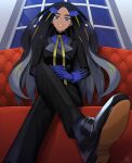  1girl black_footwear black_hair black_jacket black_pants blue_eyes blue_gloves blue_shirt commentary_request couch crossed_legs from_below geeta_(pokemon) gloves highres indoors interlocked_fingers jacket long_hair looking_at_viewer min_(myna8247) neck_ribbon own_hands_together pants parted_lips pokemon pokemon_(game) pokemon_sv ribbon shirt shoe_soles shoes sitting smile socks solo window yellow_ribbon 