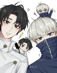  ! 4boys absurdres arm_up bangs black_eyes black_hair blush chibi chibi_on_head closed_mouth covered_mouth dual_persona grey_hair head_rest heart high_collar highres inumaki_toge jacket jujutsu_kaisen jujutsu_tech_uniform kyllooelo long_sleeves looking_at_viewer male_focus miniboy multiple_boys okkotsu_yuuta on_head open_mouth parted_bangs purple_eyes short_hair simple_background sword sword_on_back waving weapon weapon_on_back white_background white_jacket 