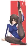  1girl arm_support ass black_hair black_pantyhose blush breasts brown_eyes crotch feet girls_und_panzer large_breasts leg_up leotard looking_at_viewer nishizumi_maho open_mouth pantyhose short_hair soles solo spread_legs uona_telepin 