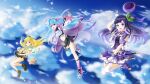  3girls aqua_hair blonde_hair blue_sky breasts cloud eggplant highres hitatsuphat holding holding_clothes holding_skirt kisaki_tencha misora_kanon multiple_girls natsumi_hachi nijigen_project purple_eyes purple_hair skirt sky sparkle thighhighs v virtual_youtuber white_thighhighs 