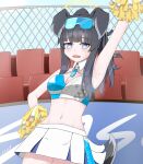  1girl absurdres animal_ears armpits black_hair blue_archive blue_eyes cheerleader dog_ears dog_tail goggles goggles_on_head goggles_removed halo hibiki_(blue_archive) highres hime_cut lernana_6 navel official_alternate_hairstyle pom_pom_(cheerleading) ponytail tail 