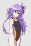  1girl 774_inc. ahoge arms_behind_back black_one-piece_swimsuit competition_swimsuit covered_navel cowboy_shot grey_background groin hair_between_eyes highleg highleg_swimsuit highres hiyoku_no_crosspiece kusha_(madoukusya12) long_hair multicolored_clothes multicolored_swimsuit one-piece_swimsuit one_side_up purple_hair red_eyes shisui_kiki simple_background solo swimsuit virtual_youtuber 