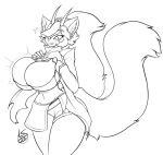  2022 anthro big_breasts blush blush_lines breast_expansion breasts domestic_cat expansion felid feline felis female huge_breasts lunarspy mammal midriff monochrome navel one_eye_obstructed signature simple_background smile solo standing surprise text thick_thighs 